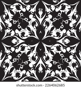 Create a stunning composition with a vintage ceramic pattern and ornate floral elements in a black and white graphic print, evoking luxury and royal elegance