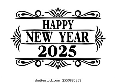 create stunning "happy new year 2025" title designs with this modern and customizable vector text. perfect for festive greeting cards, banners, and creative projects.