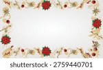 Create a stunning seasonal presentation with this festive Christmas frame illustration, designed with vibrant poinsettias, elegant golden decorations, glossy baubles, fresh holly leaves, and natural pine cones. This beautifully arranged composition forms a decorative border that enhances any project with warmth, charm, and a refined holiday atmosphere. The balanced layout provides a spacious central area, making it perfect for adding text, greetings, or promotional content while maintaining a visually appealing structure.

The rich combination of botanical and ornamental elements delivers a harmonious blend of traditional and modern design. Bright floral accents bring energy and color, while golden details introduce a sense of sophistication and luxury. The addition of holly foliage and pine cones creates a natural touch, giving the artwork depth and seasonal authenticity. Every component has been carefully illustrated to ensure clarity, detail, and visual consistency across different uses.

Ideal for greeting cards, invitations, posters, banners, and social media graphics, this decorative frame offers flexibility for a wide variety of creative applications. Whether used for personal projects or professional branding, the design adapts seamlessly to print and digital formats. Its elegant arrangement allows designers to highlight messages effectively while surrounding them with festive decorative elements.

This illustration is especially suitable for holiday campaigns, event announcements, packaging design, and promotional materials. The clean central space ensures easy customization, enabling users to insert personalized text or branding without compromising the overall aesthetic. The detailed textures and vibrant palette help create an inviting and joyful mood, making it appealing to audiences of all ages.

Perfect for winter celebrations and seasonal events, this decorative frame captures the essence of festive spirit with a timeless visual style.