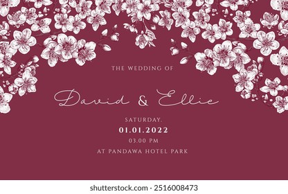 Create impresionantes invitaciones de boda con esta exquisita Plantilla floral con flores de cerezo. El diseño destaca la gracia y belleza de los cerezos en flor, proporcionando un toque romántico y elegante