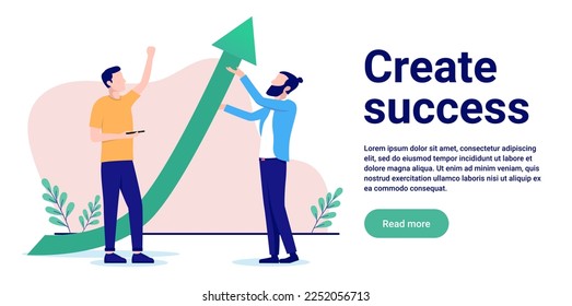 Create success - Two business people lifting arrow forcing it to point upwards and becoming successful. Flat design vector illustration with white background and copy space for text