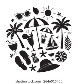  Create a Summer Collection of Clean Minimalist Summer Bundle Beach Vector Silhouette, Hello Summer Black Background