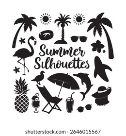  Create a Summer Collection of Clean Minimalist Summer Bundle Beach Vector Silhouette, Hello Summer Black Background