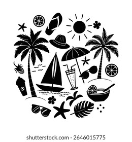  Create a Summer Collection of Clean Minimalist Summer Bundle Beach Vector Silhouette, Hello Summer Black Background