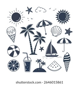  Create a Summer Collection of Clean Minimalist Summer Bundle Beach Vector Silhouette, Hello Summer Black Background