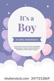 Create a sweet baby announcement card with purple and peach-colored balloons adorned with stars, set against a gentle greyish-blue background, celebrating the joyous arrival of your little one.