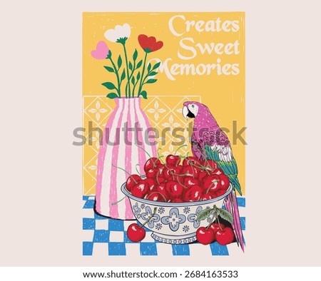Create sweet memories. Macaw and flower pot artwork. Cherry graphic print design.	