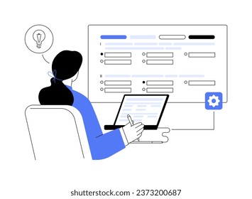 Create test abstract concept vector illustration. Woman creating a test with teaching software, virtual classrooms, online training, data visualizations, degree programs abstract metaphor.