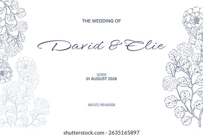 Create a timeless and elegant wedding design with this hand-drawn eucalyptus and peony floral wedding template. Featuring intricately detailed illustrations of lush eucalyptus leaves and peony