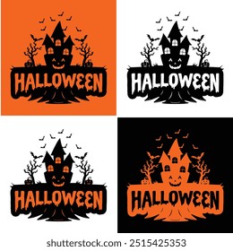 Create the ultimate Halloween atmosphere with this 'Halloween House' logo. Perfect for flyers, banners, and promotional materials for your haunted house or Halloween-themed events.