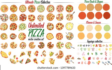 Create unlimited variation with the Ultimate Pizza collection set. Create your own pizza with 50 different pizza design and tons of toppings, crusts and cheeses. Vector illustrations.