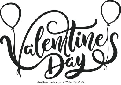 create a Valentines Day Lettering "Happy Valentine's Day" hand writing font with small red balloons in a white background