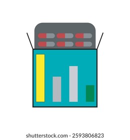 Create a vector icon illustration of packaged tablet medicine featuring a blister pack with round or oval tablets to represent medication, healthcare, or pharmaceuticals