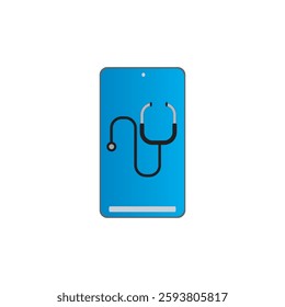 Create a vector icon illustration of a phone and a stethoscope featuring a smartphone alongside or integrated with a stethoscope to represent telemedicine, online medical consultations, or healthcare