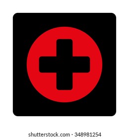 Create vector icon. Style is flat rounded square button, intensive red and black colors, white background.