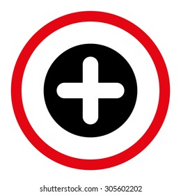 Create vector icon. This rounded flat symbol is drawn with intensive red and black colors on a white background.