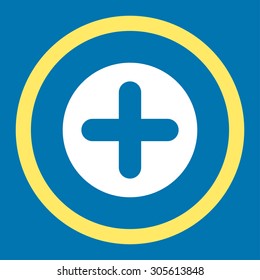 Create vector icon. This rounded flat symbol is drawn with yellow and white colors on a blue background.