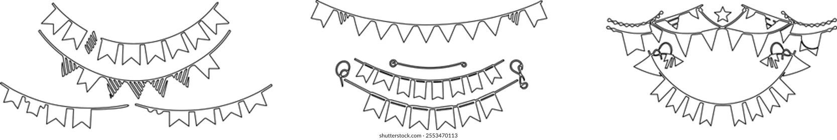 Create a vibrant line art vector illustration design featuring festive party banners, perfect for adding a touch of celebration to any event invitation or promotional material.