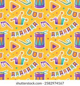 Create a vibrant vector illustration for Purim featuring a seamless pattern of hamentashen, festive garlands, jester hats, and drums, capturing the joyful spirit and traditions of this lively holiday