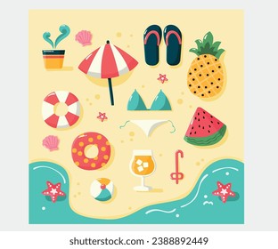 Create a vibrant and visually appealing summertime elements collection in a flat design style. This collection will include various elements that perfectly capture the essence of summer.