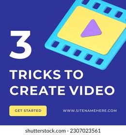 Create video cinema editor blogging multimedia guidance digital animation application social media post 3d icon vector illustration. Cinema film content design software film strip with play button