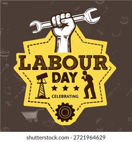 Create es una ilustración de estilo vintage del día del trabajo con un puño cerrado que sostiene una llave inglesa, con símbolos industriales.