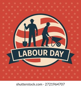 Create una insignia del día del trabajo de estilo vintage con siluetas de obreros, un fondo de rayas y una cinta con texto.