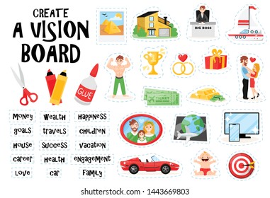 Create vision board set constructor with doodle images of scissors glue and cut out picture elements vector illustration