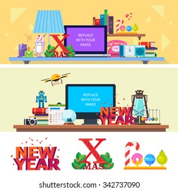 Create workplace. Items and objects: Lamp, computer, books, candles, phone, clock, robot, helicopter, lantern, pendulum.Flat vector stock illustration set.