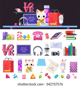 Create workplace. Items and objects: laptop, books, headphones, ice cream, shopping bags, camera, microphone, telephone, candles. Big vector flat  illustrations and backgrounds set.