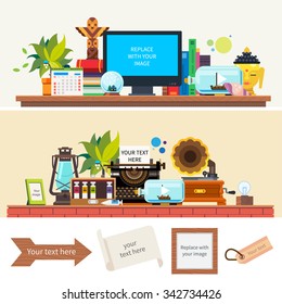 Create workplace. Vintage and modern items: wooden desk, computer, ship in bottle, totem, plant, old lamp, gramophone, typewriter, paint, arrow, frame. Big vector flat  illustration and background set