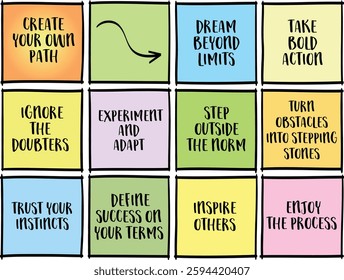 Create you own path, motivational concept - set of inspirational notes with tips and guidelines.