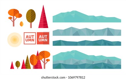 create your autumn mountain flat landscape. Abstract vector isolated set for nature design: tree, fir, sun, mountains, forest, text for logo with frame