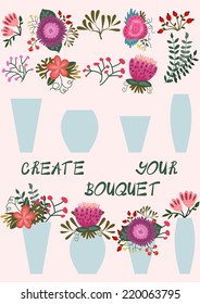 Create your bouquet. Flowers and branches and vases set for your ideas. Collection for your creativity. Vector illustration