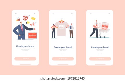 Create your Brand Mobile App Page Onboard Screen Template. Tiny Male and Female Characters with Huge Promotional Products for Brand Identity. Company Advert Concept. Cartoon People Vector Illustration