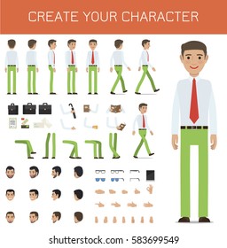 Create your character businessman collection on white. Vector infographic poster of full length male person portrait and his poses, black bags, bent arms with objects and legs, faces with emotions