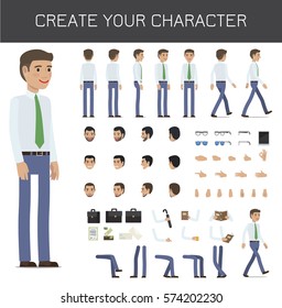 Create your character businessman set on white. Vector infographic poster of full length male person portrait and his poses, black suitcsses, bent arms with objects and legs, faces with emotions
