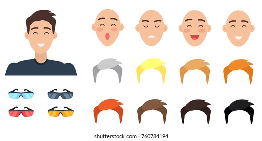 Create your character collection of emotions vector illustration in flat design. Set of male faces, colorful hairdos and sunglasses near boy portrait