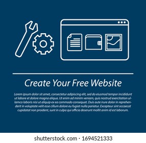 Create your free website. Linear concept with icons of wrench, gear, document, purse, photo and website window. Vector template for landing page