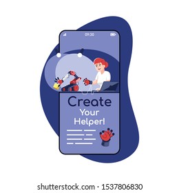 Create your helper social media posts smartphone app screen. Mobile phone displays with cartoon characters design mockup. Robotics course. Robot assistant engineering application telephone interface
