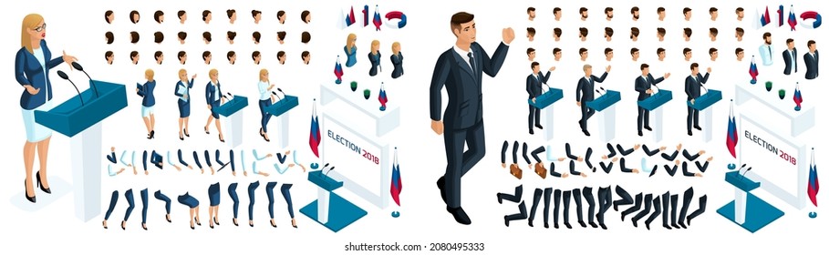 Create your isometric character. 3d woman and man presidential candidate for the required, election, vote. The candidate is against everyone. A large set of emotions.