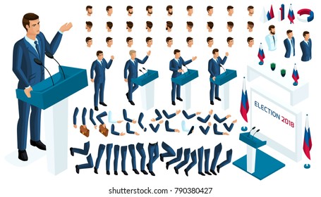 Create your isometric character. 3d man, presidential candidate for the required election, voting. A large set of emotions, gestures for the president.