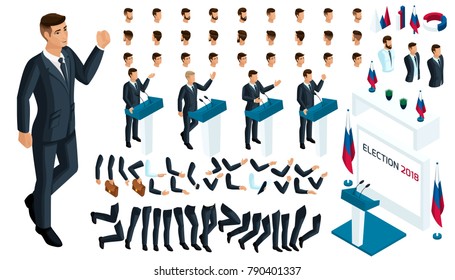 Create Your Isometric Character. 3d Man, Presidential Candidate Debates, Elections, Voting. A Large Set Of Emotions, Gestures For The President