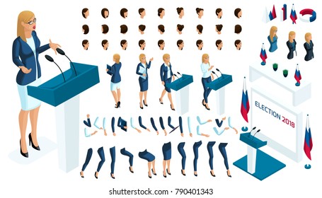 Create your isometric character. 3d woman, presidential candidate for the required, election, vote. The candidate is against everyone. A large set of emotions