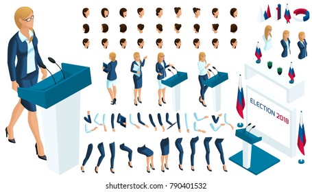 Create your isometric character. 3d business woman, presidential candidate for the required, election, voting. The candidate is against everyone. A large set