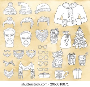 Create your modern Santa hipster. Set with positive senior man head, beard, hair, mustache. Cool Santa Claus constructor. Vector illustration with Christmas and New Year concept