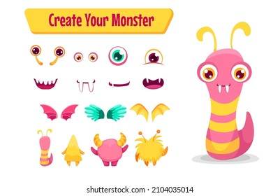 Create your Monster and collect cute aliens and funny creatures. Cartoon character creation kit with all elements and body parts. Vector children illustration