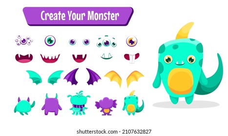 Create your Monster and collect cute aliens and funny creatures. Cartoon character creation kit with all elements and body parts. Vector children illustration