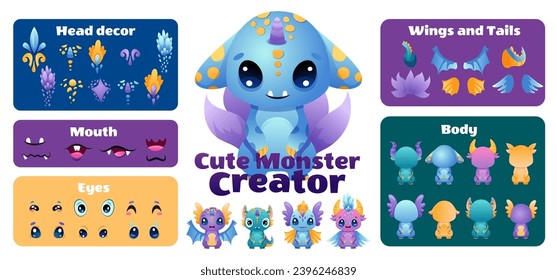 Create your Monster and collect cute aliens and funny creatures. Cartoon character creation kit with all elements and body parts. Vector children illustration