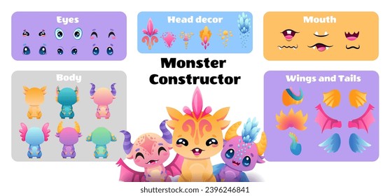 Create your Monster and collect cute aliens and funny creatures. Cartoon character creation kit with all elements and body parts. Vector children illustration